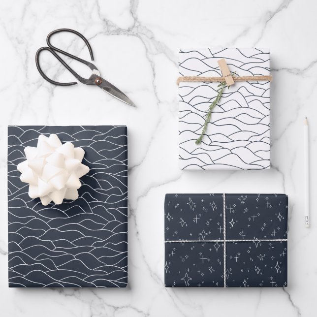 Hoja De Papel De Regalo collines de neige bleu marin et blanc (Anverso)
