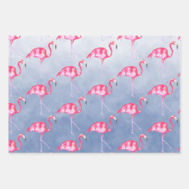 Hoja De Papel De Regalo Color de agua azul Flamencos rosados Floral