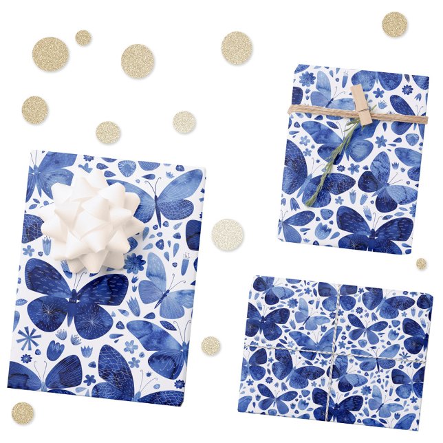 Hoja De Papel De Regalo Color de agua de mariposa azul ( Blue and white watercolor butterfly pattern gift wrapping paper)