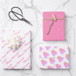 Hoja De Papel De Regalo Color de agua del árbol navideño rosa dulce