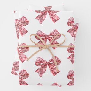 Hoja De Papel De Regalo Color de agua rojo y blanco rayado arco