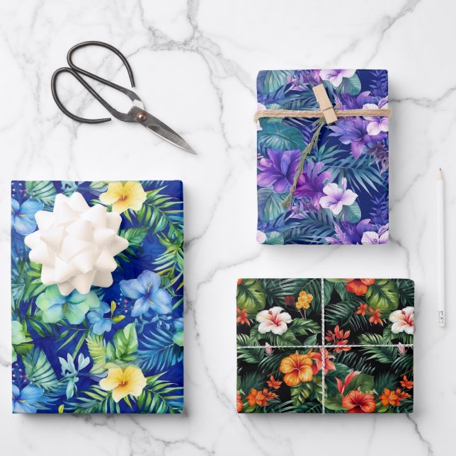 Hoja De Papel De Regalo Coloridas Florales Tropicales (Anverso)