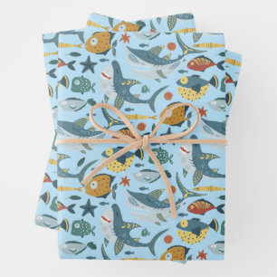 Hoja De Papel De Regalo Colorido bajo el patrón azul del océano del tiburó