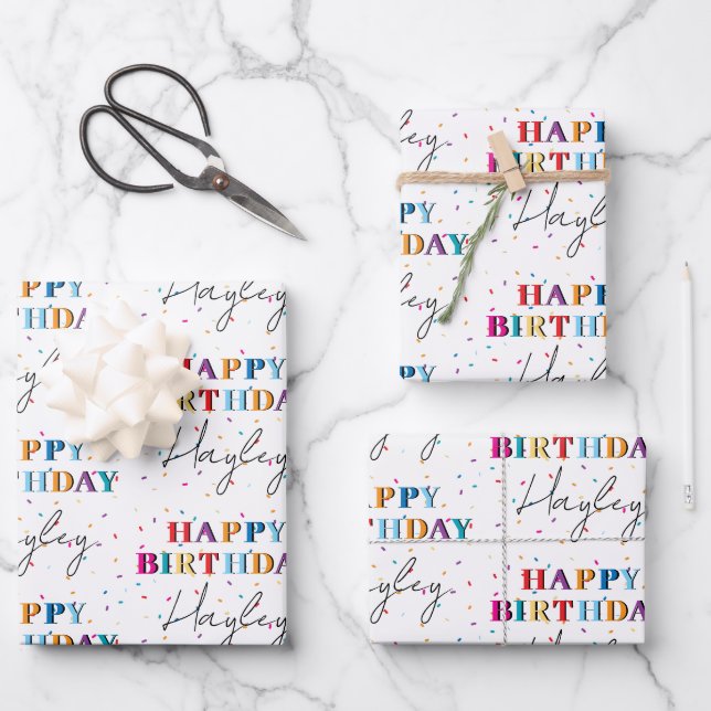 Hoja De Papel De Regalo Colorido Happy Birthday Custom Name Confetti (Anverso)