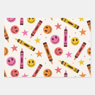Hoja De Papel De Regalo Coloridos lápices de escuela con patrón de caras f