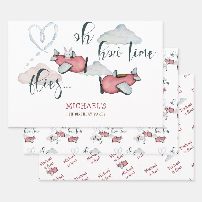 Hoja De Papel De Regalo Cómo el tiempo vuela el niño del avión retro (Set)