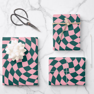 Hoja De Papel De Regalo Comprobaciones de color rosa verde de jungla retro