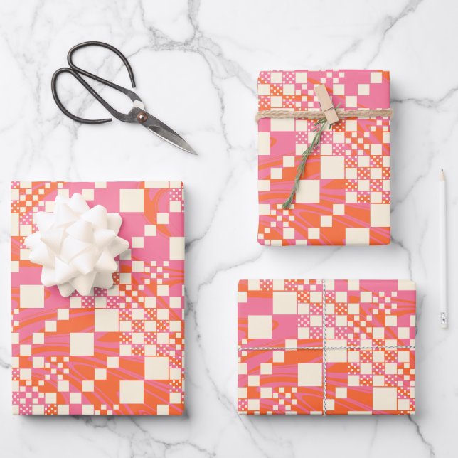Hoja De Papel De Regalo Comprobaciones: rosa, Naranja y crema (Anverso)