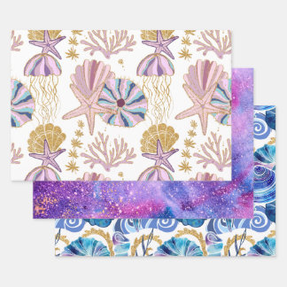 Hoja De Papel De Regalo Conchas de mar Estrellas de mar Azules Purpura Dor