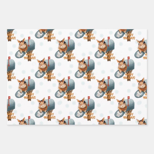 Hoja De Papel De Regalo Conejito De Felices Vacaciones En Un Buzón (Anverso 3)