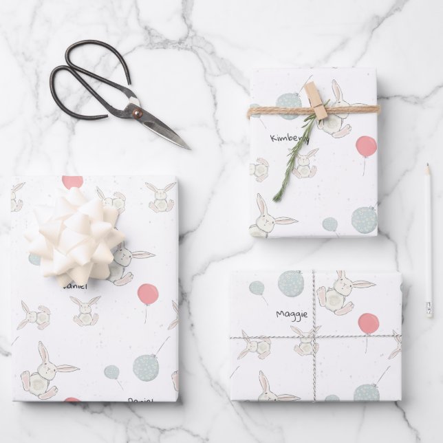 Hoja De Papel De Regalo Conejito y globos personalizados (Anverso)