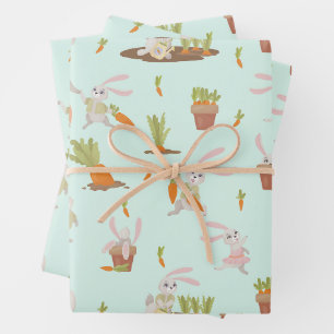 Hoja De Papel De Regalo Conejitos Adorables y Zanahorias
