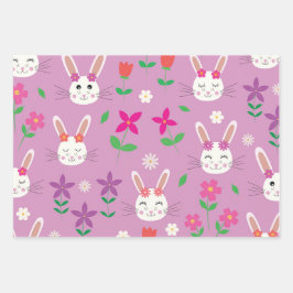 Hoja De Papel De Regalo Conejitos de Pascua con Flor Rosa Naranja Morada