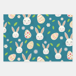 Hoja De Papel De Regalo Conejitos de Pascua con Huevos y Flores sobre Azul
