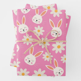 Hoja De Papel De Regalo Conejitos de Pascua Patrón con Flores sobre Rosa 