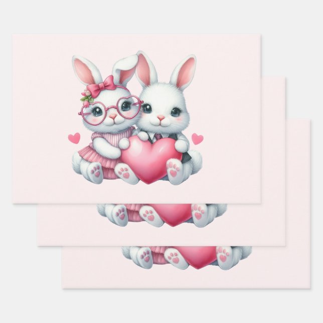 Hoja De Papel De Regalo Conejitos lindos compartiendo un corazón (Set)