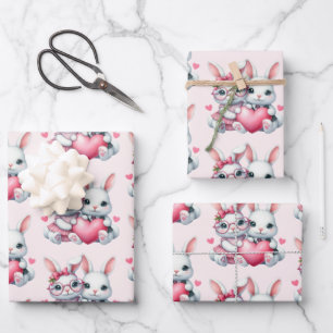Hoja De Papel De Regalo Conejitos Lindos Compartiendo un Patrón de Corazón