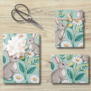 Hoja De Papel De Regalo Conejitos Lindos Sentados Entre Margaritas Blancas