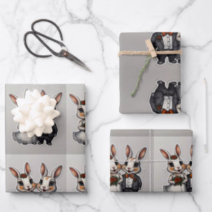 Hoja De Papel De Regalo Conejo Boda lindo Pareja con sonrisas felices.