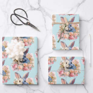 Hoja De Papel De Regalo Conejo con una guirnalda de rosas patrón adorable