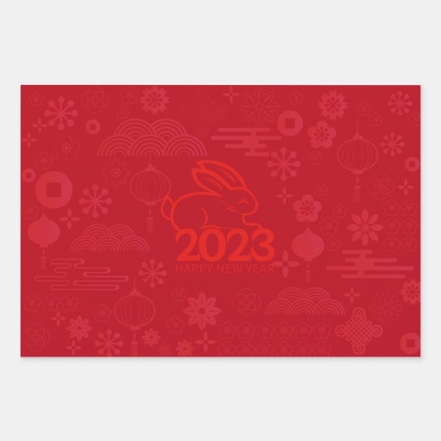 Hoja De Papel De Regalo Conejo de Año Nuevo Lunar 2023 Rojo (Anverso 3)