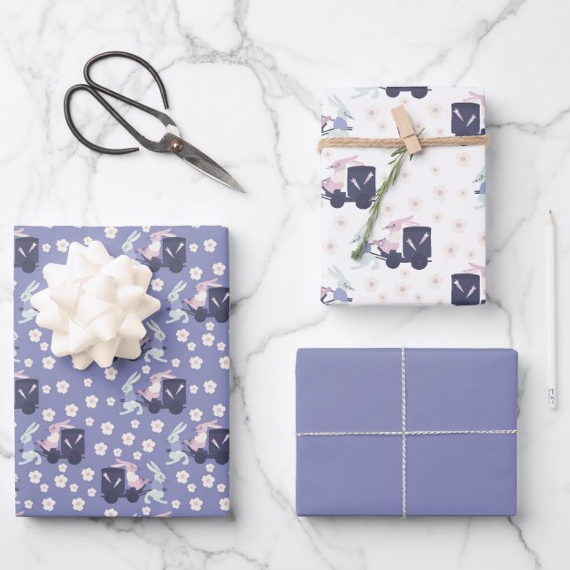Hoja De Papel De Regalo Conejo de Conejo Azul, Morado y Blanco Pascua (Anverso)