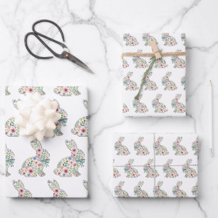 Hoja De Papel De Regalo Conejo de Pascua de flores silvestres rosadas y az