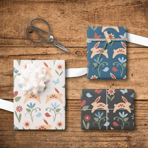 Hoja De Papel De Regalo Conejos Flores silvestres Patrón escandinavo