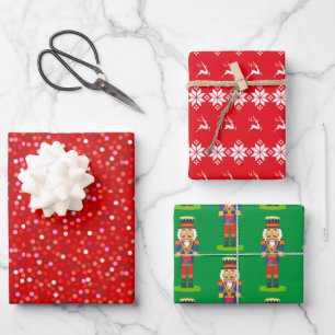 Hoja De Papel De Regalo Confeti, Cascanueces, Reno y Copos de Nieve en Roj