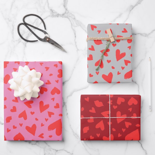 Hoja De Papel De Regalo Confetti Valentines Trio de Corazón Moderno (Anverso)