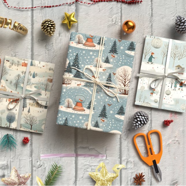 Hoja De Papel De Regalo Conjunto azul de invierno de 3 (Winter vintage Blue set of 3 Wrapping Paper Sheet)