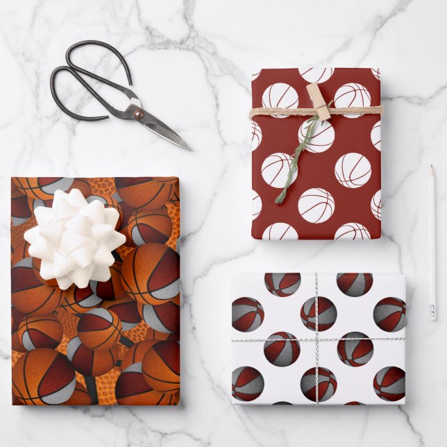 Hoja De Papel De Regalo conjunto coordinado patrones de baloncesto grises  (Anverso)
