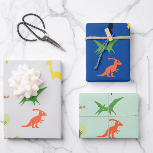 Hoja De Papel De Regalo Conjunto de 3 coloridos bosques de Dino para niños