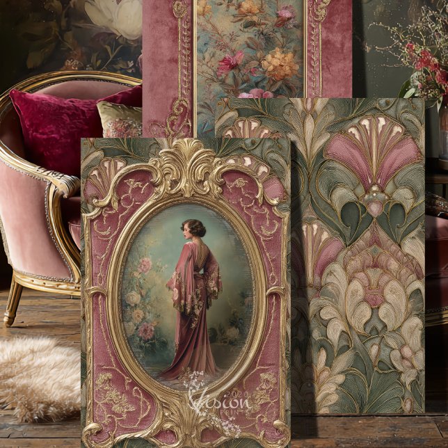 Hoja De Papel De Regalo Conjunto de 3 paneles Sage Blush Flapper Art Nouve (Three art nouveau panels propped on dark wood floor beside pink French velvet chair)