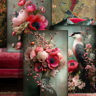 Hoja De Papel De Regalo Conjunto de arte floral, retrato y pájaro de Bouqu
