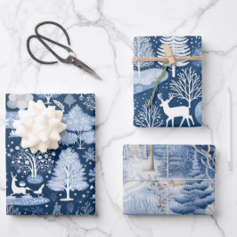 Hoja De Papel De Regalo Conjunto de Navidades con nieve azul y blanco