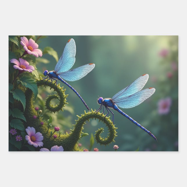 Hoja De Papel De Regalo Conjunto Floral de Libélula Encantada (Anverso)