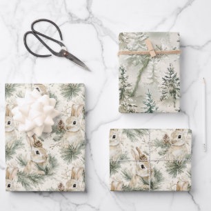 Hoja De Papel De Regalo Conos de Pino Verdes Conejitos Navidad