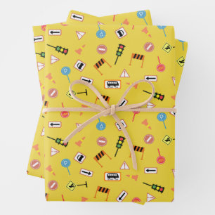 Hoja De Papel De Regalo Construcción y Rótulos de carreteras Amarillo. Pap