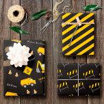 Hoja De Papel De Regalo Construction Happy Birthday, Boy Name Age Pattern<br><div class="desc">Celebrate your little one's special day with this custom boy wrapping paper sheet set with an adorable construction theme. The gift wrap has a pattern of a dump truck and excavator working together at a road construction site. There are also orange traffic cones, dirt piles, and a safety divider with...</div>
