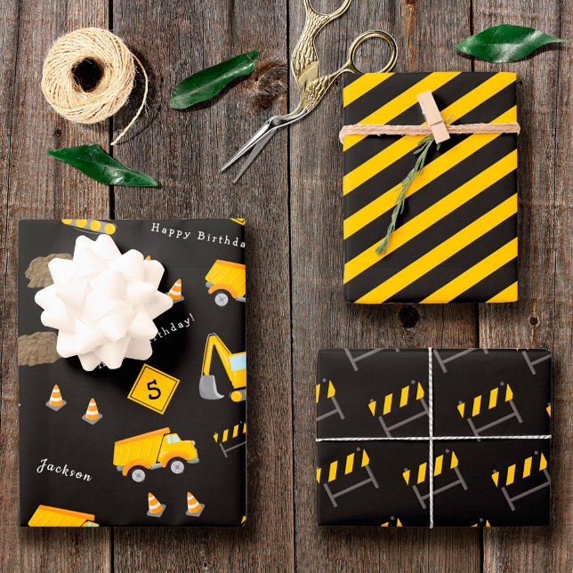 Hoja De Papel De Regalo Construction Happy Birthday, Boy Name Age Pattern (Subido por el creador)