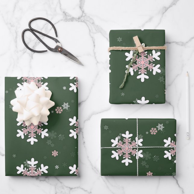 Hoja De Papel De Regalo Copo de nieve blanco rosa verde (Anverso)