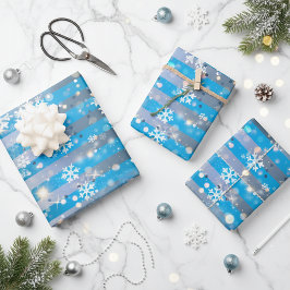 Hoja De Papel De Regalo Copo de Nieve Brillos y Luces Sobre Rayas Azules
