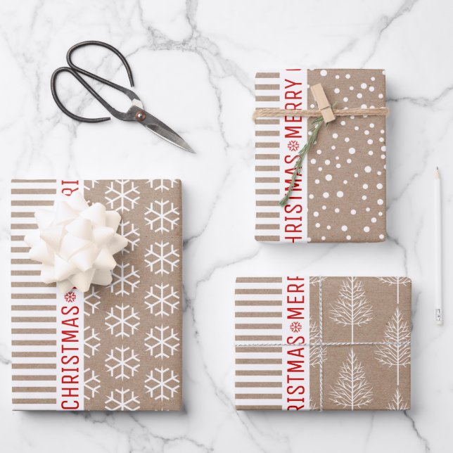 Hoja De Papel De Regalo Copos de nieve, árboles de Navidad, rayas de kraft (Anverso)