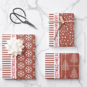 Hoja De Papel De Regalo Copos de nieve, árboles de Navidad, rayas de terra