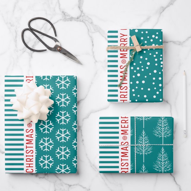 Hoja De Papel De Regalo Copos de nieve, árboles de Navidad verde azuladas  (Anverso)