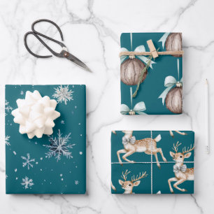 Hoja De Papel De Regalo Copos de nieve azul verdoso Navidad Ciervo Coco