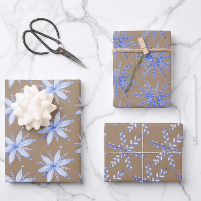 Hoja De Papel De Regalo Copos de nieve azules de Kraft ruso (Anverso)