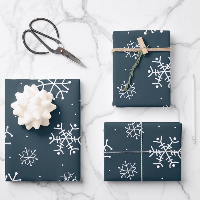 Hoja De Papel De Regalo Copos de nieve blancos y azules de la marina  (Anverso)