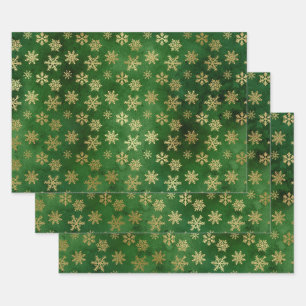 Hoja De Papel De Regalo Copos de nieve de oro metálico en verde